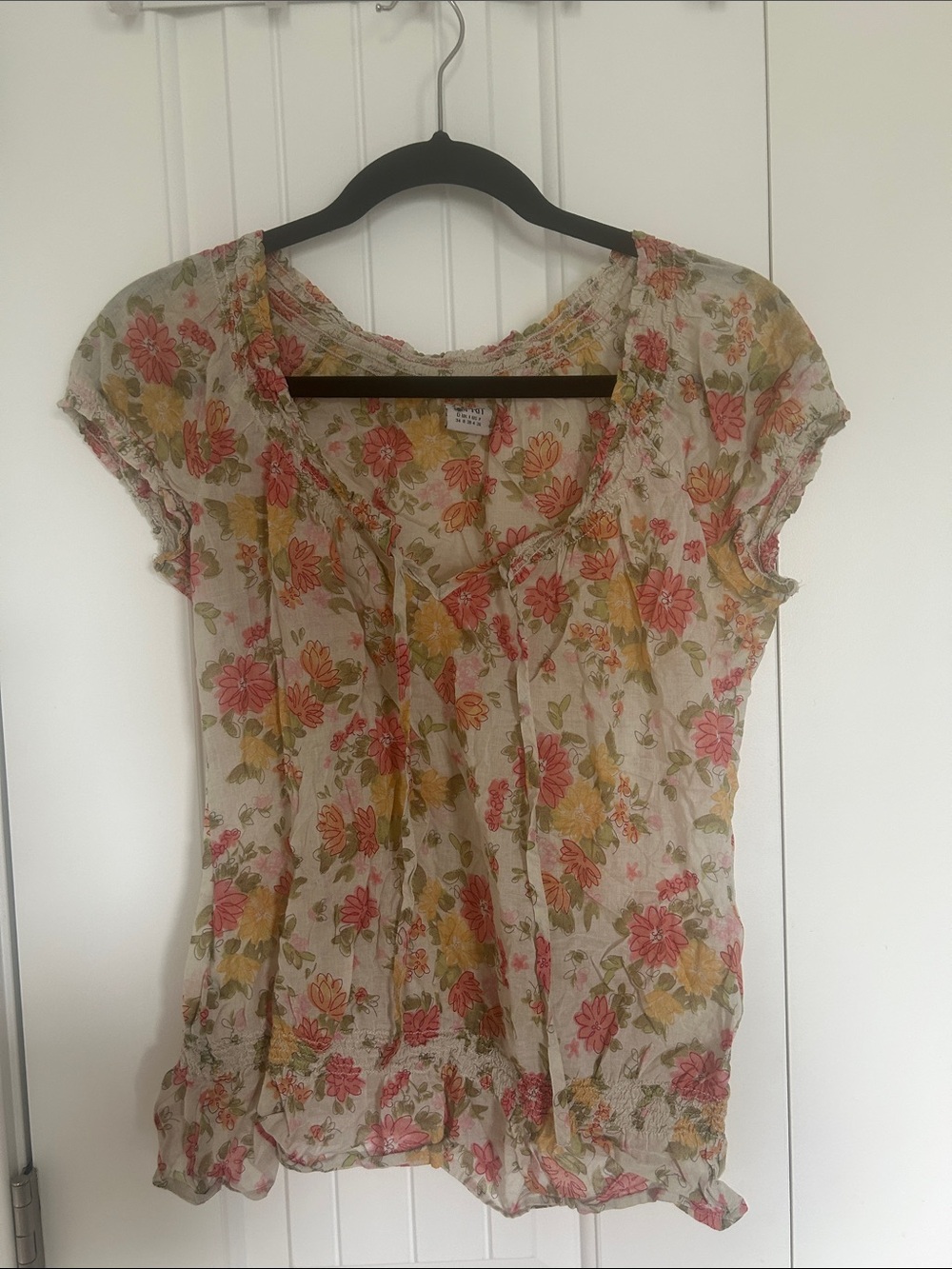 Esprit Sheer Floral Cap-Sleeve Blouse in Pink & Yellow